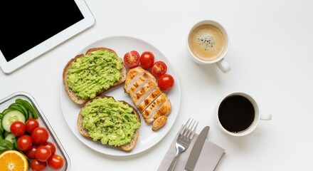 Healthy breakfast table setting with avocado toast, cherry tomatoes, grilled chicken, coffee, and tablet on a white background