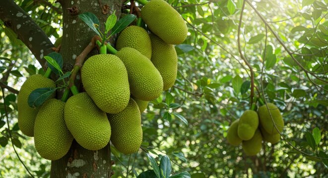 Fresh Green Jackfruits Hanging on Tree Branches Surrounded by Lush Green Foliage in Bright Natural Light