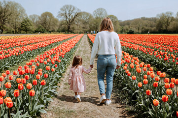 Mother and daughter strolling through colorful tulip fields