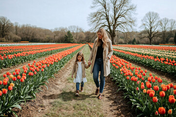 Mother and daughter strolling through vibrant tulip fields