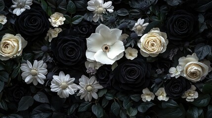 Ethereal black and white floral arrangement evoking mystery and beauty
