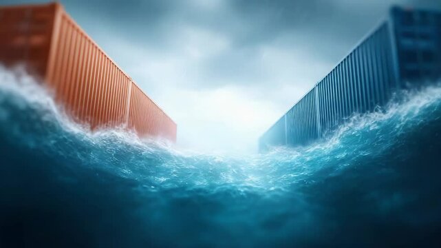 A conceptual illustration of a blocked cargo shipping route disrupting global trade, symbolizing trade obstruction and maritime route closure.