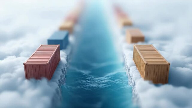 A conceptual illustration of a blocked cargo shipping route disrupting global trade, symbolizing trade obstruction and maritime route closure.