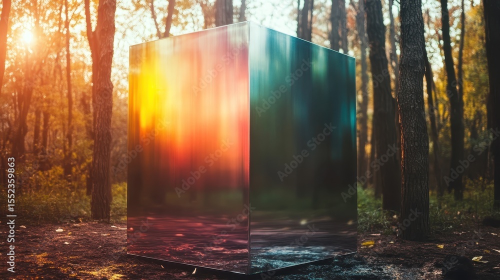 Poster a striking abstract metallic cube reflects colors in a serene forest, creating a juxtaposition of na