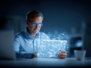 Young professional man working with futuristic holographic technology in dark office environment with digital interface and glowing data stream