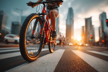 Urban cyclist on red bike crossing street at golden hour, vibrant light.