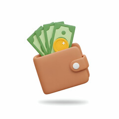 Digital Wallet Icon with Cash and Coins Representing Financial Management and Spending