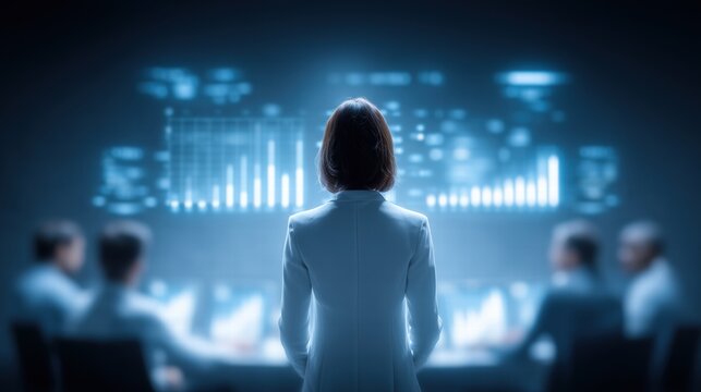 Businesswoman Standing in Front of Large Digital Data Graphs and Charts in a Modern Conference Room Setting with Multiple Colleagues Present