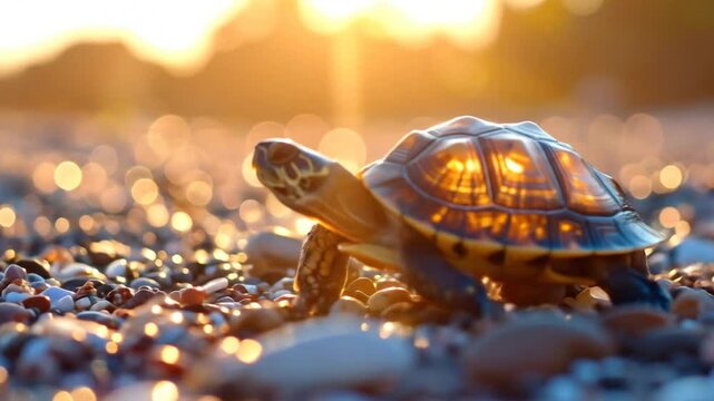 Sunset Golden Light On Tiny Turtle At Beach