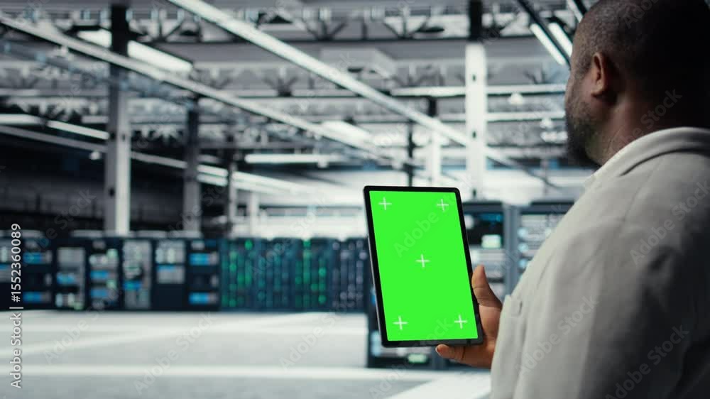 Poster admin working in server farm using isolated screen tablet to analyze data. it expert examining infra