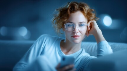 Young woman with curly red hair and glasses lounging indoors at night using smartphone, relaxed casual atmosphere with blurred background lighting