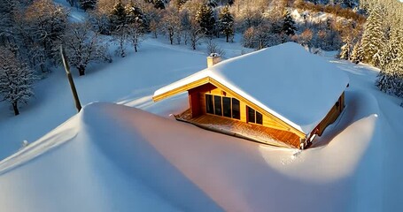 Aerial view of wooden cabin covered in snow surrounded by trees and white landscape with long shadows and sunlight - Powered by Adobe