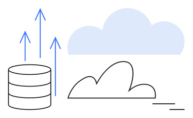 Data stack with upward arrows symbolizing data transmission into a cloud shape. Ideal for cloud computing, data storage, networking, digital transfer, technology innovation, communication, simple