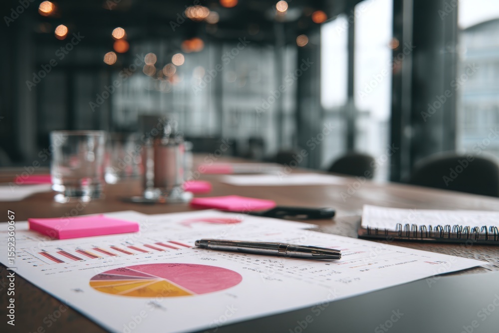 Poster business meeting setup with graphs and data on a table in a modern space.
