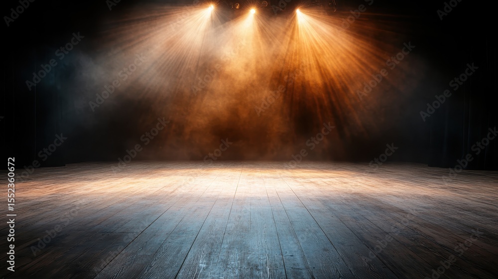 Poster an atmospheric view of a stage bathed in dramatic lighting and smoke, creating an intense and captiv
