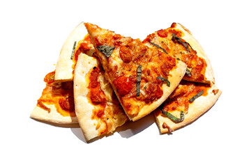 Slices of pizza on white background.