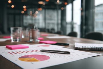 Business meeting setup with graphs and data on a table in a modern space.