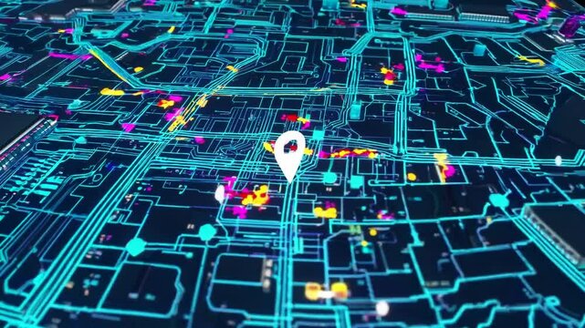 Explore the vibrant digital map of an urban landscape with dynamic colors and pathways showing activity hotspots
