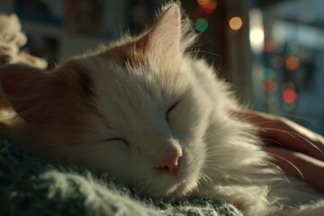 A cute fluffy cat napping peacefully on a cozy blanket with a gentle human touch.