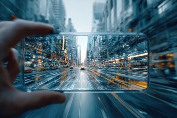 Digital visualization of a modern smart city seen through a mobile phone.