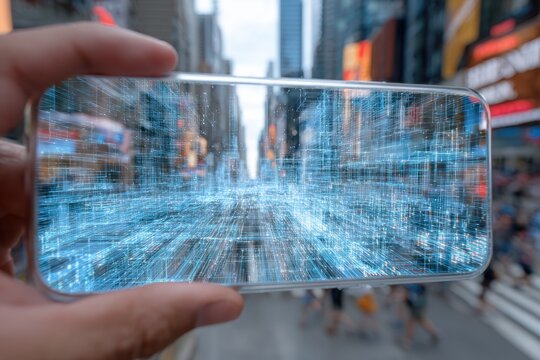 Hand holding smartphone showing augmented reality data overlay in a smart city street.