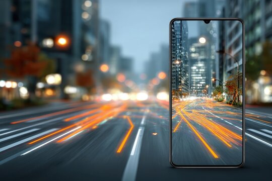 Modern smartphone showcasing a captivating night city street with light trails.
