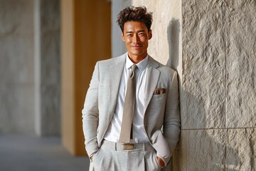 Young smiling asian man in stylish suit leaning against stone wall outdoors, business concept