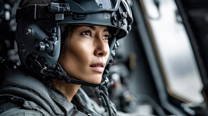 Confident asian female pilot in cockpit wearing advanced helmet