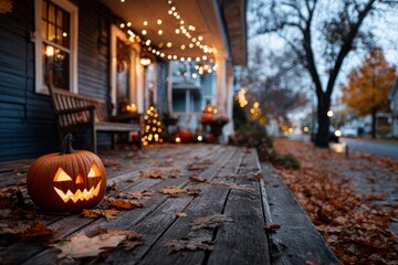 Cozy Halloween Porch with Lit Jack-o'-Lantern, Autumn Leaves, and String Lights at Dusk