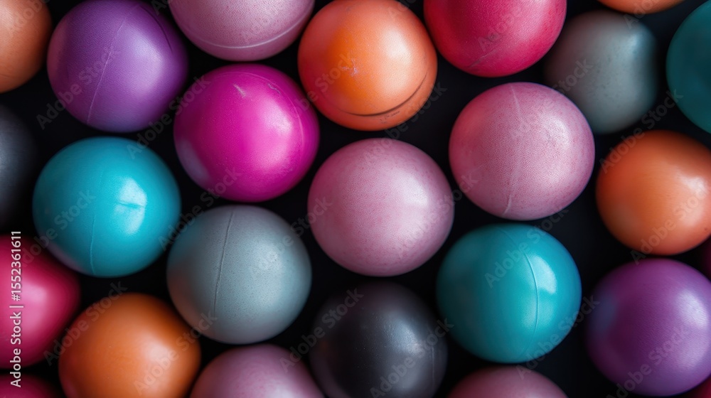 Poster a visually striking arrangement of colorful balls on a dark surface, creating a vibrant visual impac