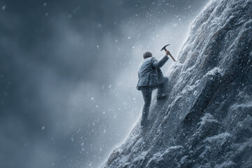 Obraz premium Businessman climbing mountain summit in snowy conditions, symbolizing success and goal achievement journey