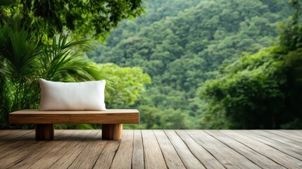 Fototapeta premium An inviting wooden bench set against a backdrop of magnificent greenery, providing a serene spot for relaxation and introspection amid nature's tranquility and beauty.