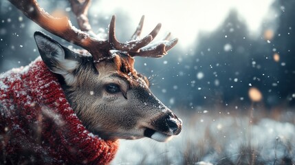 A whimsical deer wearing a cozy red sweater stands in a snowy landscape, capturing the essence of winter wonder and animal charm in a heartwarming and playful scene.