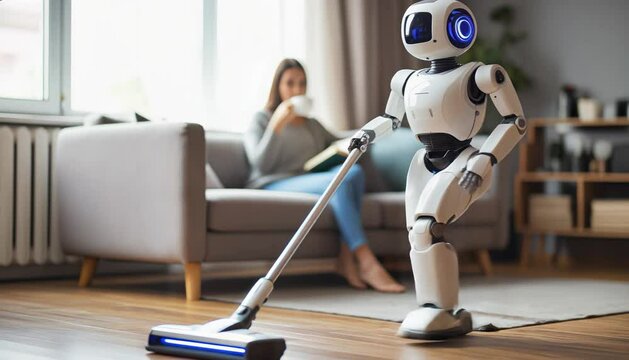 A humanoid robot walks naturally while vacuuming a wooden floor, as a woman calmly reads on the couch in a softly lit, modern home setting