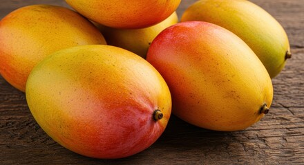 Fresh and Juicy Mangoes Piled on Rustic Wooden Surface for Tropical Fruit Background or Culinary Use