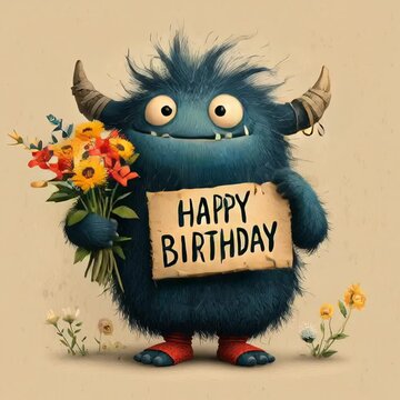 A happy, weird, cartoon monster with flowers in his hair and a sign saying "Happy Birthday" dancing and rolling his eyes.	