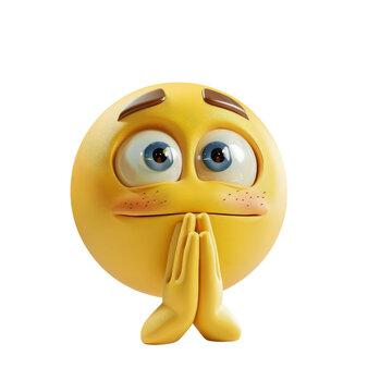 A cheerful yellow emoji with big eyes and hands clasped in a pleading gesture, exuding a charming innocence.