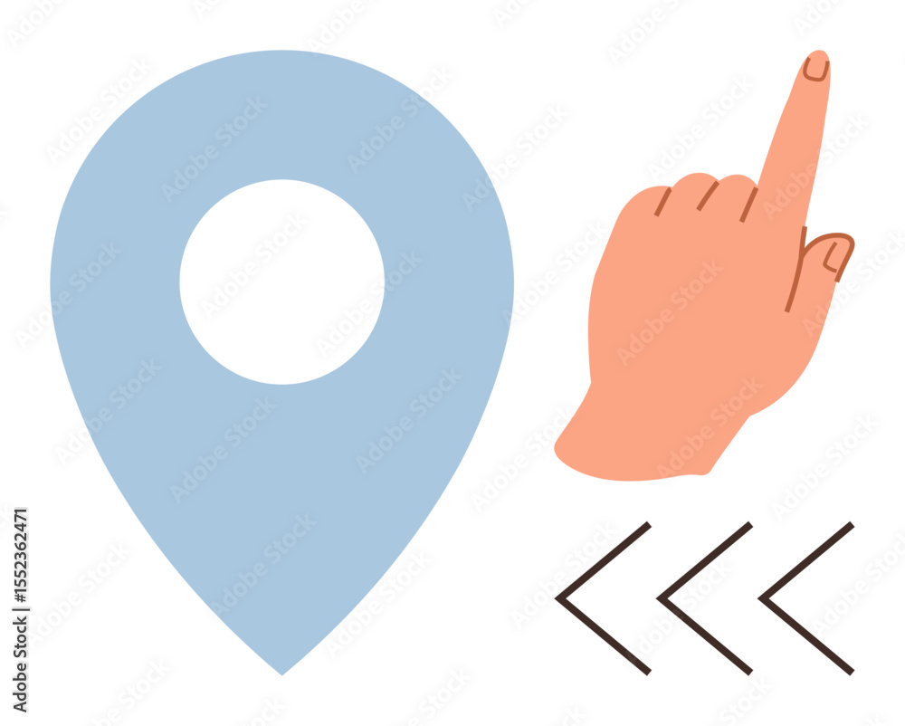 Poster navigation pin with a pointing finger and arrows indicating location, direction, or decision-making.