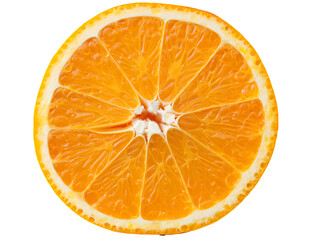 Detailed cross section of a vibrant orange slice showing juicy segments and texture isolated on a transparent background