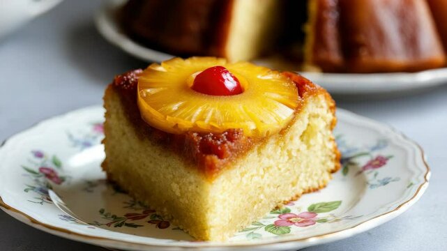 Slice of pineapple upside-down cake with cherry on top, served floral plate