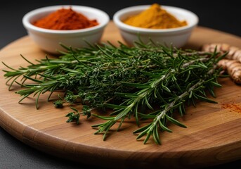 Fresh Herbs and Spices on Wooden Cutting Board with Turmeric and Paprika in Bowls for Culinary Use and Recipe Preparation