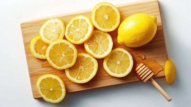 A vibrant display of freshly sliced lemons arranged on a wooden cutting board, showcasing their juicy texture and bright yellow color, ideal for culinary inspiration.
