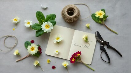 Open notebook with flowers, twine, and gardening tools on table - Powered by Adobe