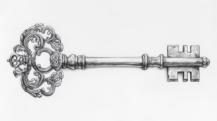 Ornate key with intricate filigree and decorative head, rests on a white background
