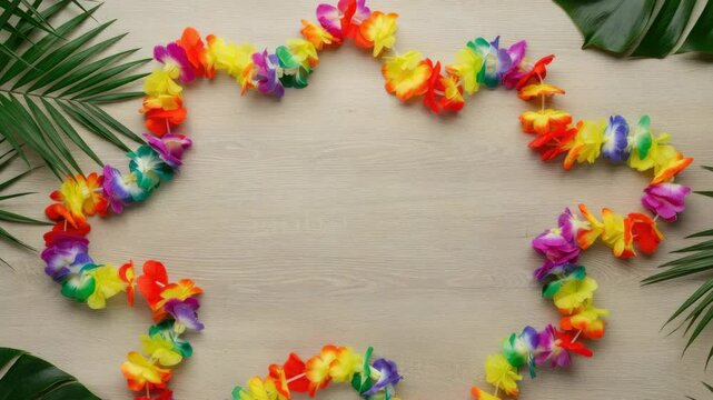 Rainbow flower lei forming star shape with tropical leaves