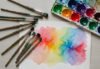 Obraz premium Watercolor paints, brushes, and colorful art