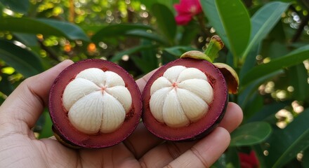 Freshly Cut Mangosteen Fruit with Rich Purple Rind and Juicy White Segments in Natural Green Background