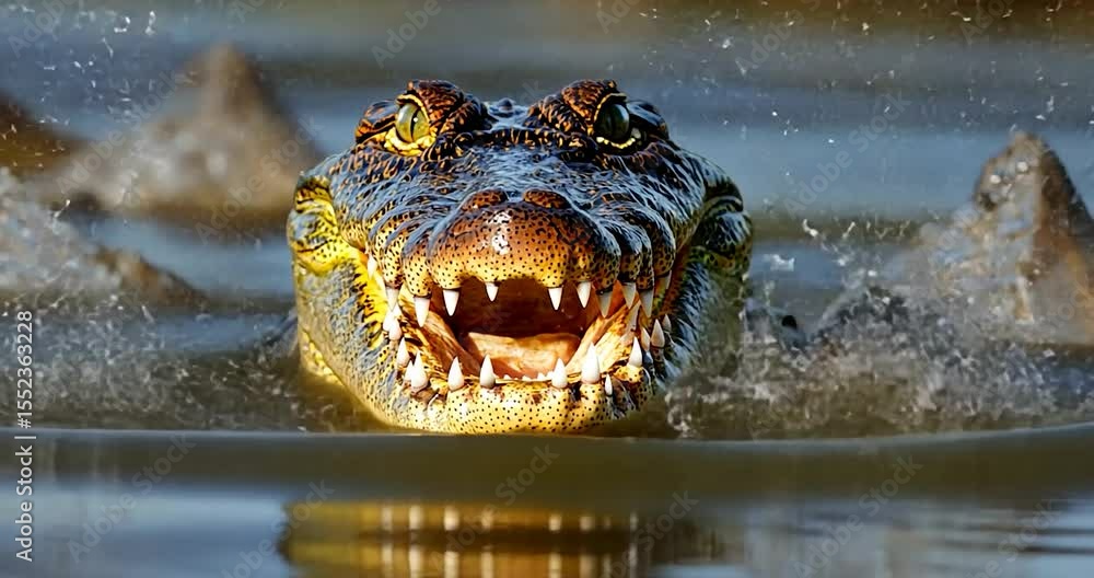 Poster close up of an alligator emerging from water with its mouth open. showing sharp teeth and water spla