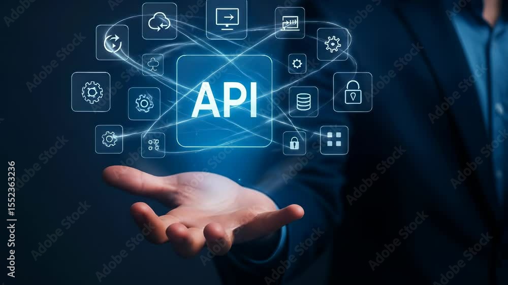 Aufkleber API Integration Digital Interface Technology Innovation for Software Development, Cloud Computing, and Modern Business Data Connection with Secure Network Communication and Futuristic Solutions
