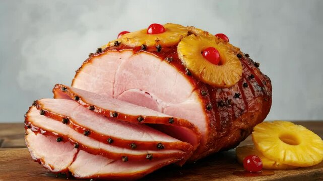 Glazed ham with pineapple slices, cherries, and cloves on wooden board